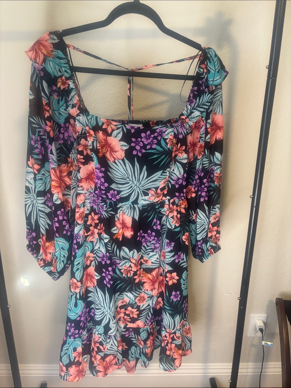 Lost + Wander Black Floral Mini Dress with Coral, Teal & Purple Blooms